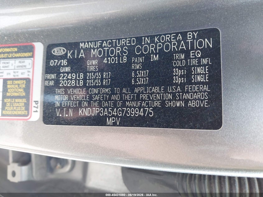 2016 Kia Soul VIN KNDJP3A54G7399475 IAAI salvage auction — LEFT REAR, Clear (Virginia), sold $1,250 on 2026-07-10 (photo 9)