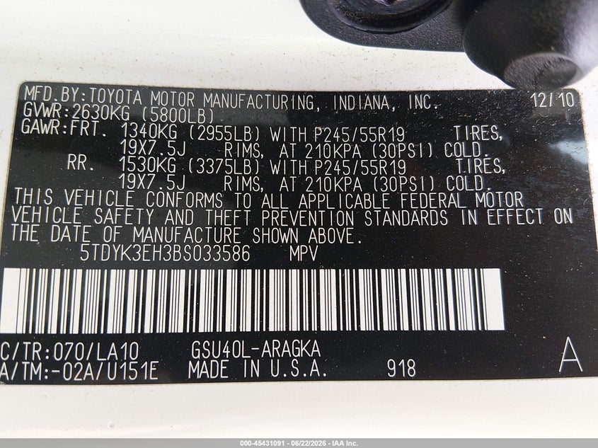 2011 Toyota Highlander VIN 5TDYK3EH3BS033586 IAAI salvage auction — NORMAL WEAR, Salvage (Ohio), sold $4,550 on 2026-07-15 (photo 9)