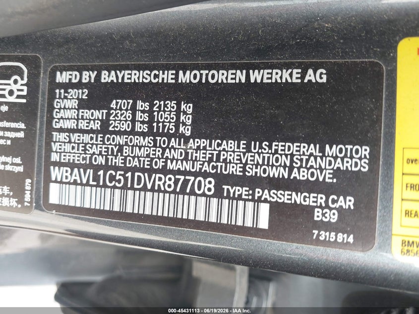 2013 BMW X1 VIN WBAVL1C51DVR87708 IAAI salvage auction — RIGHT FRONT, Mv-907A (New York), sold $300 on 2026-07-21 (photo 9)