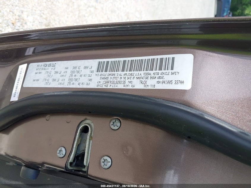 2018 Ram 1500 VIN 1C6RR7KG9JS293135 IAAI salvage auction — NORMAL WEAR, Sf97 (Maryland), sold $1,600 on 2026-07-21 (photo 9)