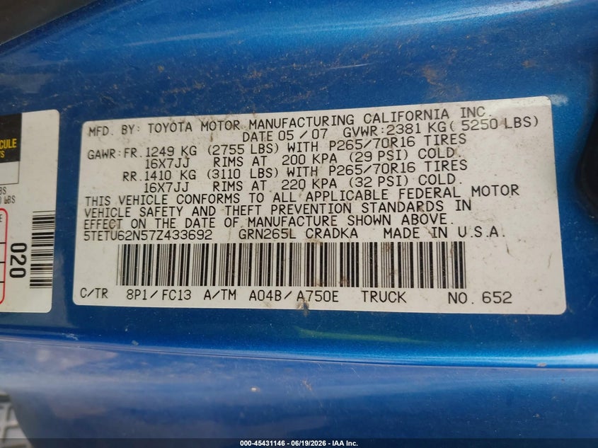 2007 Toyota Tacoma VIN 5TETU62N57Z433692 IAAI salvage auction — REAR END, Salvage (California), sold $3,150 on 2026-07-08 (photo 9)