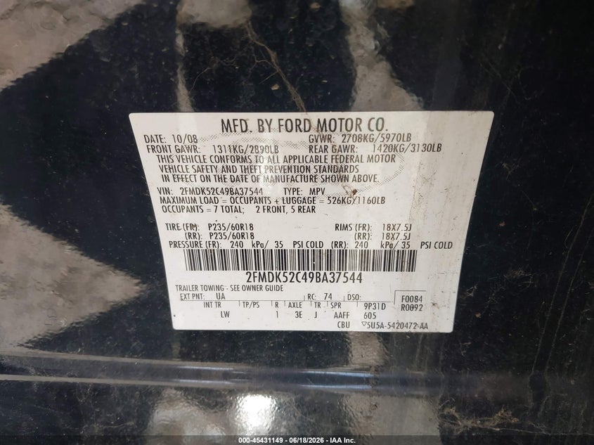 2009 Ford Flex VIN 2FMDK52C49BA37544 IAAI salvage auction — BIO HAZARD, Clear (Oregon), sold $1,050 on 2026-07-09 (photo 9)