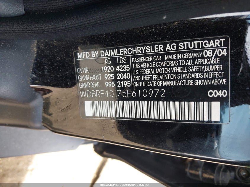 2005 Mercedes-benz C class VIN WDBRF40J75F610972 IAAI salvage auction — NORMAL WEAR, Clear (New York), sold $500 on 2026-07-28 (photo 9)