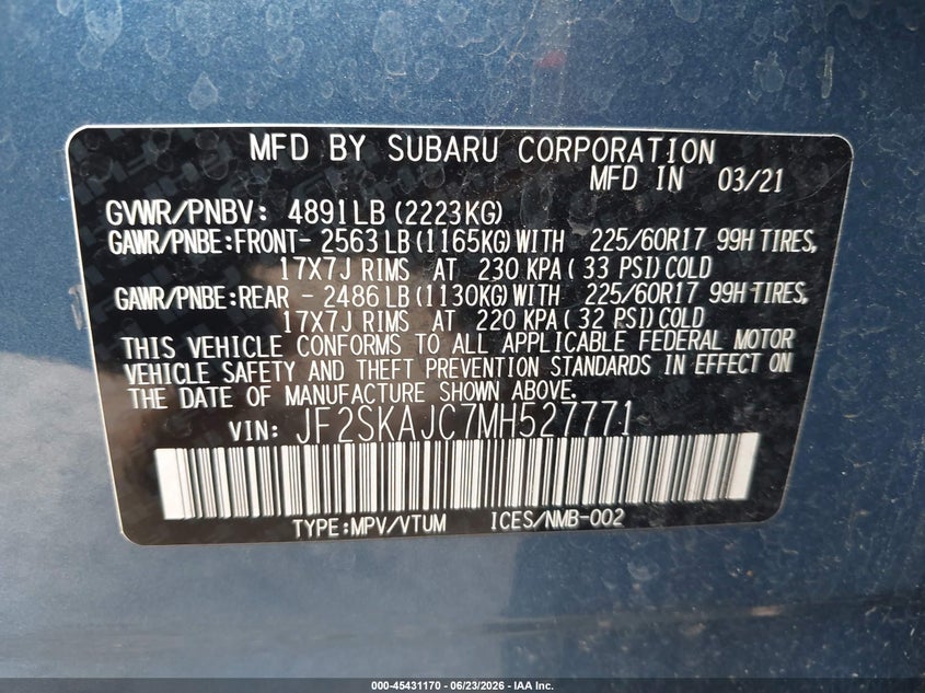 2021 Subaru Forester VIN JF2SKAJC7MH527771 IAAI salvage auction — FRONT END, Original (Texas), sold $3,250 on 2026-07-23 (photo 9)