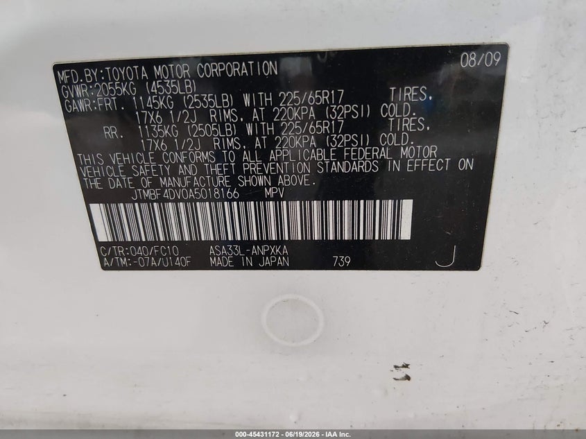 2010 Toyota Rav4 VIN JTMBF4DV0A5018166 IAAI salvage auction — NORMAL WEAR, Clear (Illinois), sold $1,850 on 2026-07-27 (photo 9)