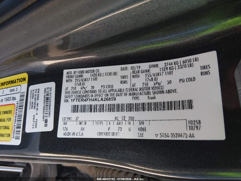 2019 Ford Ranger VIN 1FTER4FH4KLA26859 IAAI salvage auction — LEFT FRONT, Salvage (Oklahoma), sold $9,400 on 2026-08-22 (photo 9)