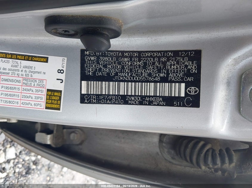 2013 Toyota Prius VIN JTDKN3DU0D5578648 IAAI salvage auction — NORMAL WEAR, Clear (Georgia), sold $1,850 on 2026-07-17 (photo 9)