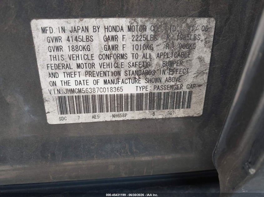 2007 Honda Accord VIN JHMCM56387C018365 IAAI salvage auction — FRONT END, Salvage (Oklahoma), sold $200 on 2026-07-29 (photo 9)