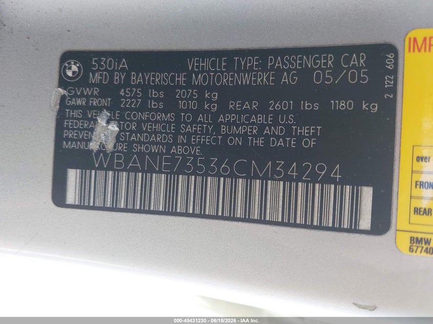2006 BMW 5 series VIN WBANE73536CM34294 IAAI salvage auction — FRONT END, Clear (Indiana), sold $550 on 2026-07-09 (photo 9)