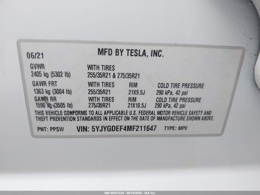 2021 Tesla Model y VIN 5YJYGDEF4MF211647 IAAI salvage auction — RIGHT FRONT, Salvage (California), sold $14,600 on 2026-07-15 (photo 9)