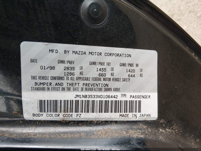 1999 Mazda Mx-5 miata VIN JM1NB3533X0106442 IAAI salvage auction — NORMAL WEAR, Clear (Virginia), sold $1,100 on 2026-07-08 (photo 9)