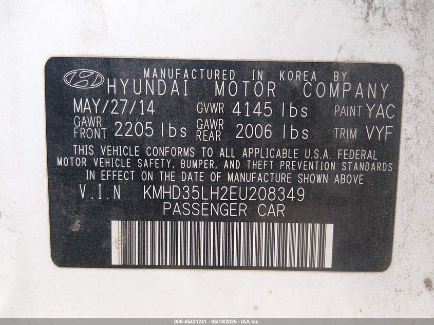 2014 Hyundai Elantra VIN KMHD35LH2EU208349 IAAI salvage auction — NORMAL WEAR, Clear (Kansas), sold $900 on 2026-07-10 (photo 9)