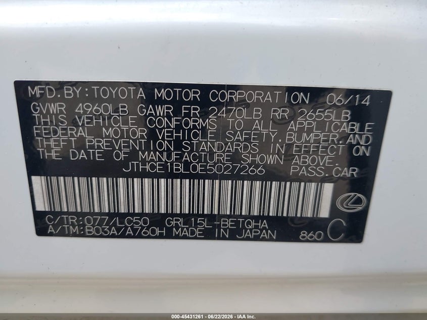 2014 Lexus VIN JTHCE1BL0E5027266 IAAI salvage auction — FRONT END, Salvage - Greater Than 75% (Maryland), sold $1,050 on 2026-07-29 (photo 9)