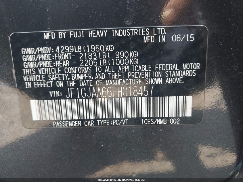 2015 Subaru Impreza VIN JF1GJAA66FH018457 IAAI salvage auction — FRONT END, Salvage (Rhode Island), sold $25 on 2026-07-28 (photo 9)
