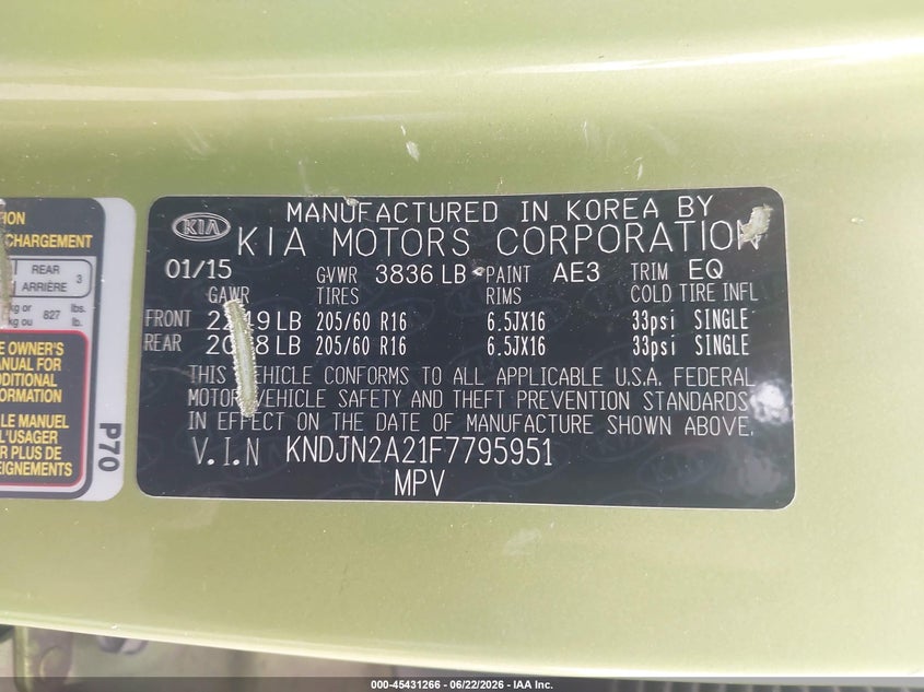 2015 Kia Soul VIN KNDJN2A21F7795951 IAAI salvage auction — REAR END, Salvage (Texas), sold $725 on 2026-07-09 (photo 9)