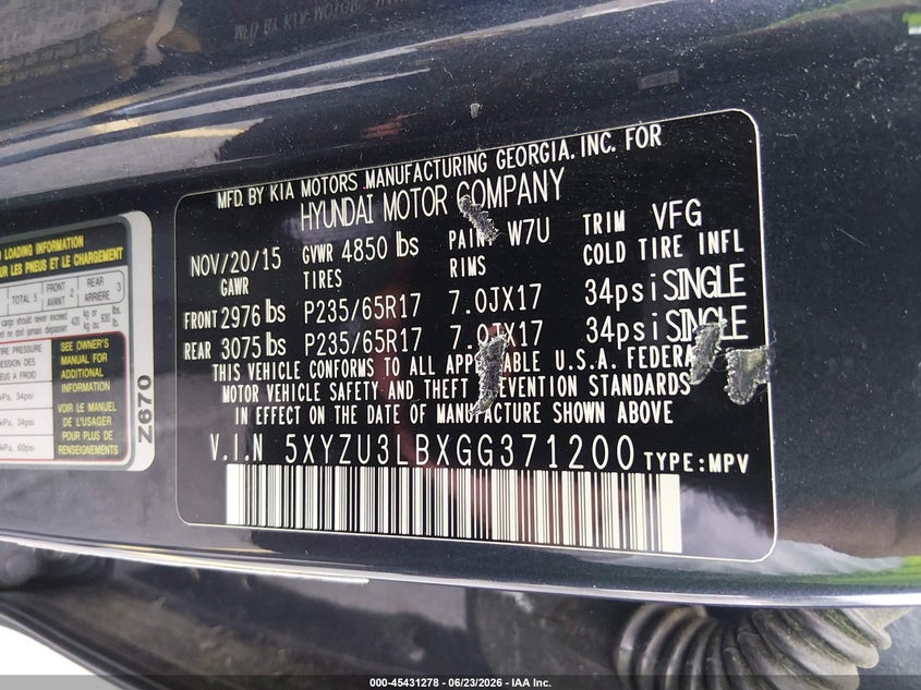 2016 Hyundai VIN 5XYZU3LBXGG371200 IAAI salvage auction — LEFT FRONT, Salvage (South Carolina), sold $1,900 on 2026-08-02 (photo 9)