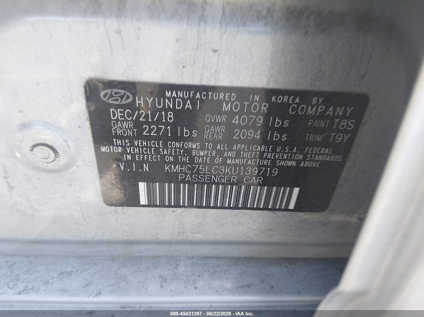 2019 Hyundai Ioniq VIN KMHC75LC3KU139719 IAAI salvage auction — FRONT END, Salvage (Utah), sold $1,750 on 2026-07-24 (photo 9)