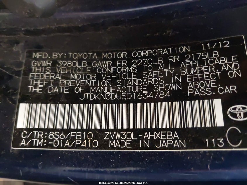 2013 Toyota Prius VIN JTDKN3DU5D1634784 IAAI salvage auction — NORMAL WEAR, Clear (Minnesota), sold $800 on 2026-07-28 (photo 9)
