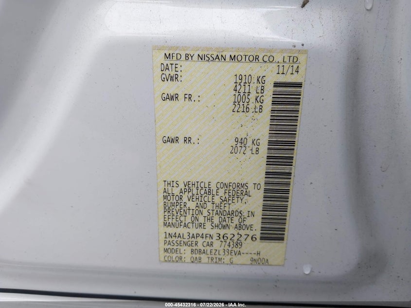 2015 Nissan Altima VIN 1N4AL3AP4FN362276 IAAI salvage auction — SUSPENSION, Salvage (Rhode Island), sold $0 on 2026-10-02 (photo 9)