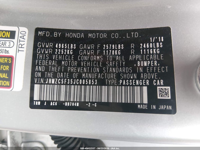 2018 Honda Clarity VIN JHMZC5F35JC005853 IAAI salvage auction — FRONT END, Salvage Title, sold $4,750 on 2026-07-15 (photo 9)
