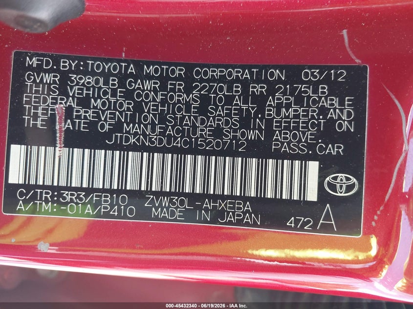 2012 Toyota Prius VIN JTDKN3DU4C1520712 IAAI salvage auction — NORMAL WEAR, Clear (Maryland), sold $1,900 on 2026-07-16 (photo 9)