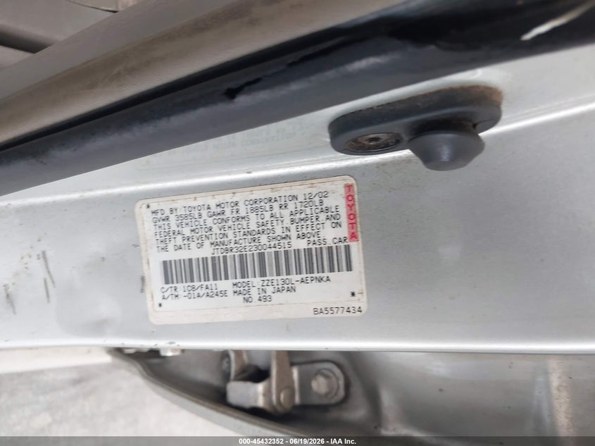 2003 Toyota Corolla VIN JTDBR32E230044515 IAAI salvage auction — NORMAL WEAR, Clear (Florida), sold $1,125 on 2026-07-22 (photo 9)