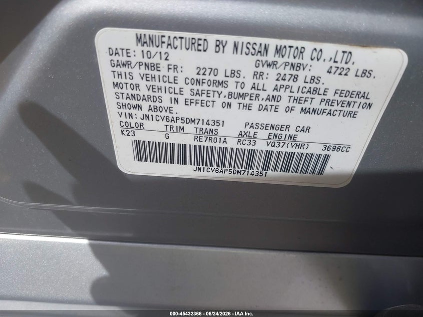 2013 Infiniti G VIN JN1CV6AP5DM714351 IAAI salvage auction — FRONT END, Salvage (Georgia), sold $400 on 2026-07-29 (photo 9)