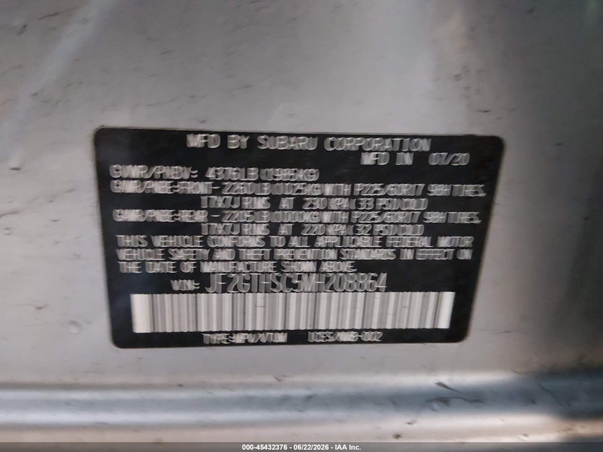 2021 Subaru VIN JF2GTHSC5MH208864 IAAI salvage auction — FRONT END, Salvage Title, sold $2,050 on 2026-07-17 (photo 9)