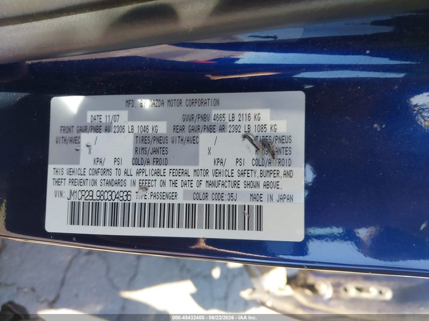 2008 Mazda 5 VIN JM1CR29L980304936 IAAI salvage auction — REAR END, Salvage (California), sold $625 on 2026-07-22 (photo 9)