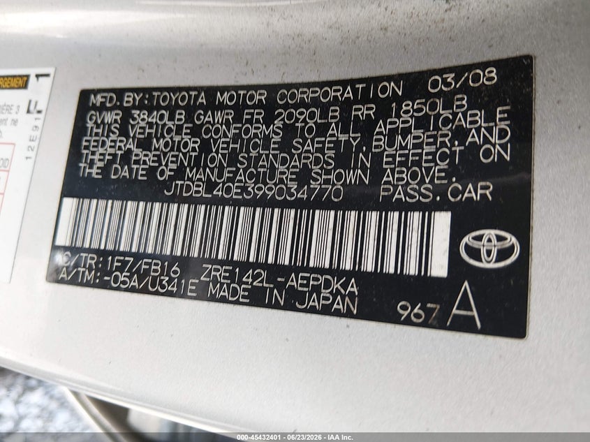 2009 Toyota Corolla VIN JTDBL40E399034770 IAAI salvage auction — FRONT END, Salvage (Kentucky), sold $25 on 2026-07-29 (photo 9)