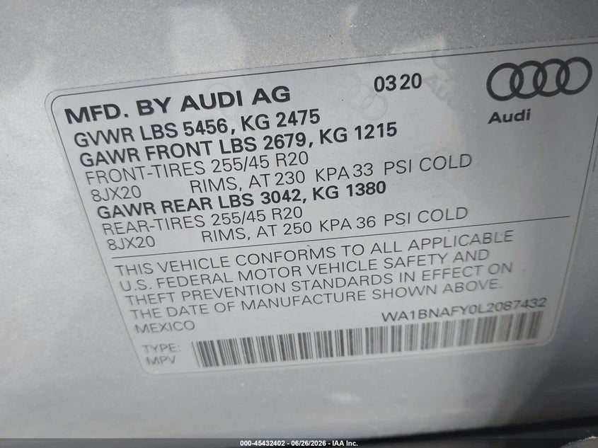 2020 Audi Q5 VIN WA1BNAFY0L2087432 IAAI salvage auction — FRONT & REAR, Salvage (Massachusetts), sold $3,550 on 2026-07-28 (photo 9)