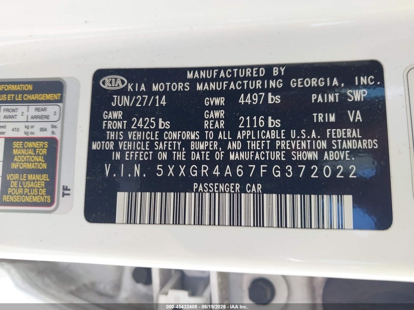 2015 Kia Optima VIN 5XXGR4A67FG372022 IAAI salvage auction — NORMAL WEAR, Original (Texas), sold $1,000 on 2026-07-17 (photo 9)