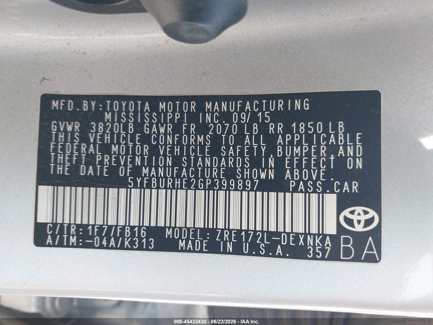 2016 Toyota Corolla VIN 5YFBURHE2GP399897 IAAI salvage auction — FRONT END, Salvage Title, sold $2,500 on 2026-07-15 (photo 9)