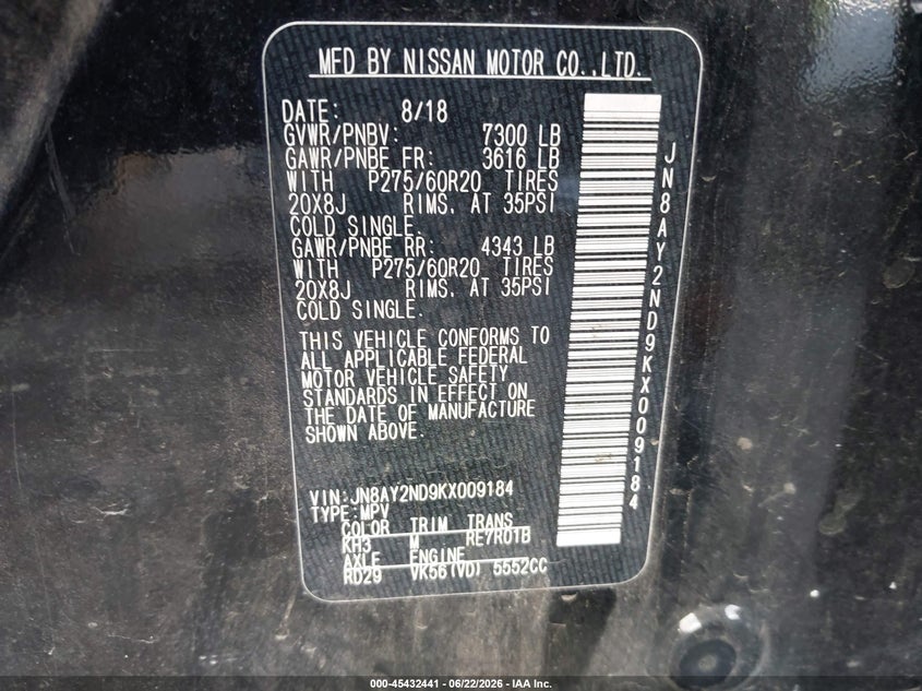 2019 Nissan Armada VIN JN8AY2ND9KX009184 IAAI salvage auction — UNKNOWN, Salvage Title, sold $850 on 2026-07-23 (photo 9)