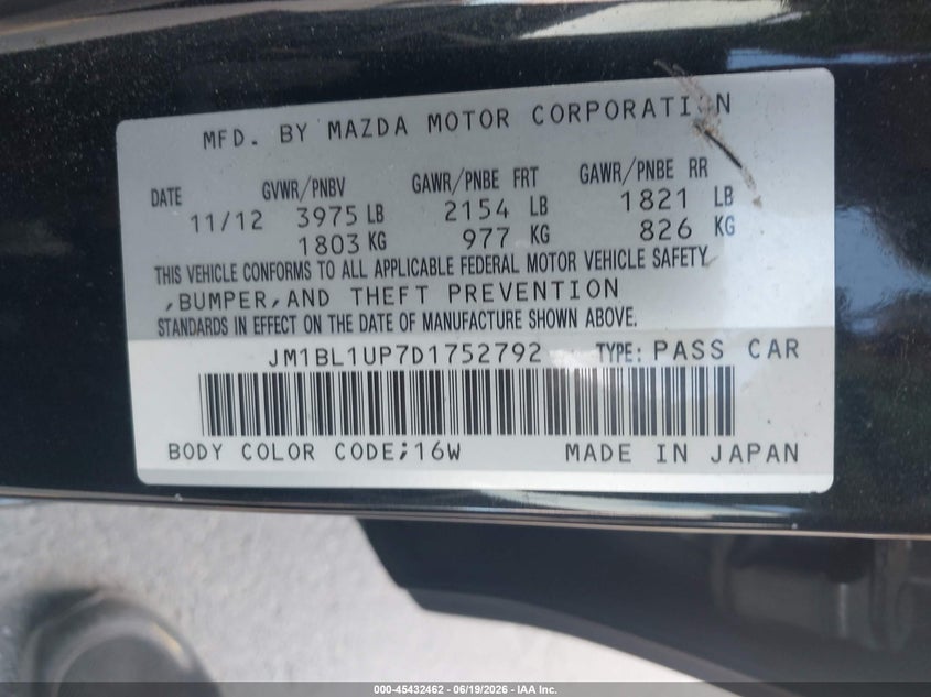 2013 Mazda 3 VIN JM1BL1UP7D1752792 IAAI salvage auction — LEFT SIDE, Salvage (California), sold $1,275 on 2026-07-06 (photo 9)
