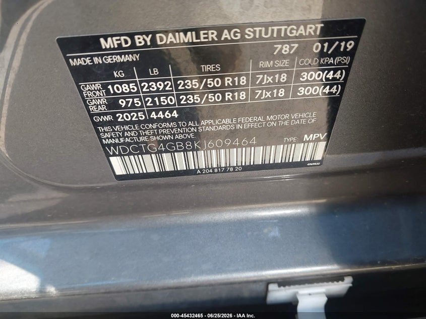 2019 Mercedes-benz Gla-klasse VIN WDCTG4GB8KJ609464 IAAI salvage auction — FRONT END, Salvage (North Carolina), sold $4,650 on 2026-08-03 (photo 9)