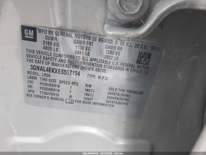 2014 Chevrolet Captiva sport VIN 3GNAL4EKXES557194 IAAI salvage auction — RIGHT FRONT, Salvage (Texas), sold $1,900 on 2026-07-08 (photo 9)