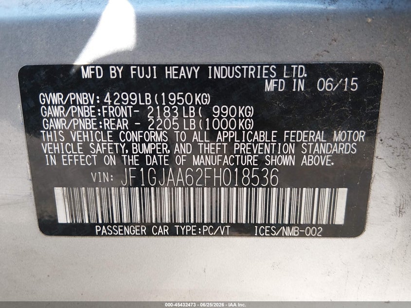 2015 Subaru Impreza VIN JF1GJAA62FH018536 IAAI salvage auction — FRONT END, Salvage Title, sold $800 on 2026-07-24 (photo 9)