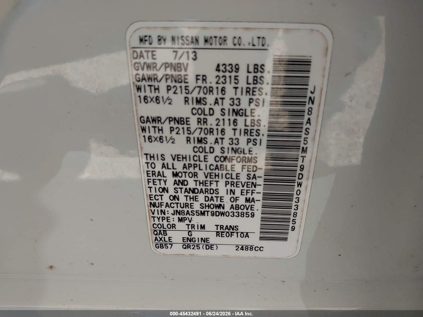 2013 Nissan Rogue VIN JN8AS5MT9DW033859 IAAI salvage auction — LEFT FRONT, Salvage - Greater Than 75% (Maryland), sold $1,050 on 2026-07-09 (photo 9)