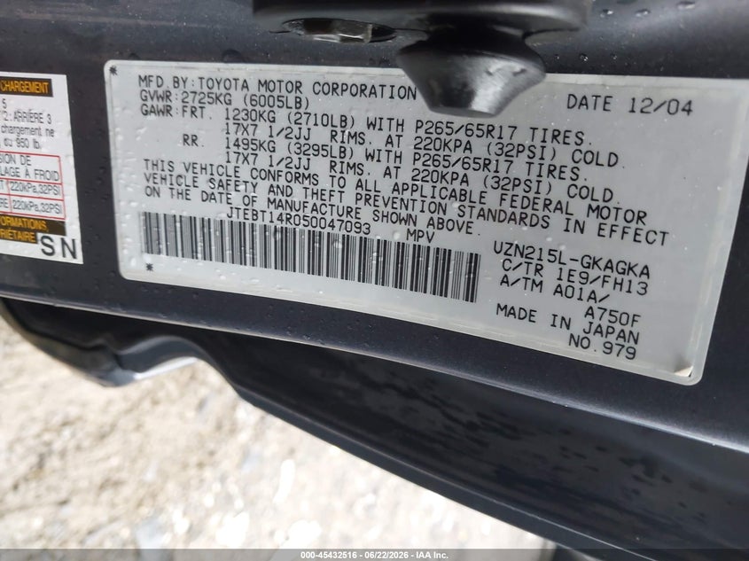 2005 Toyota 4runner VIN JTEBT14R050047093 IAAI salvage auction — NORMAL WEAR, Clear (Pennsylvania), sold $2,650 on 2026-07-20 (photo 9)