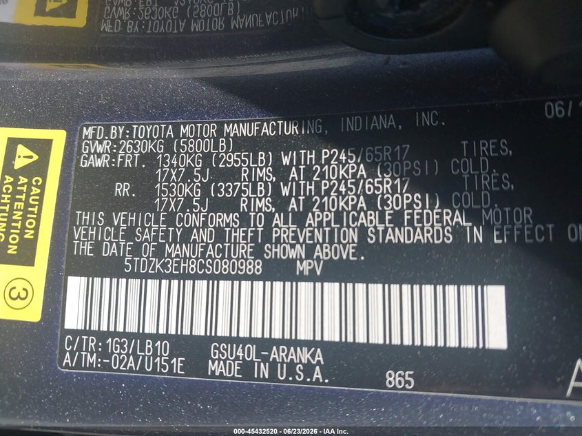 2012 Toyota Highlander VIN 5TDZK3EH8CS080988 IAAI salvage auction — FRONT END, Salvage (South Carolina), sold $1,250 on 2026-07-28 (photo 9)