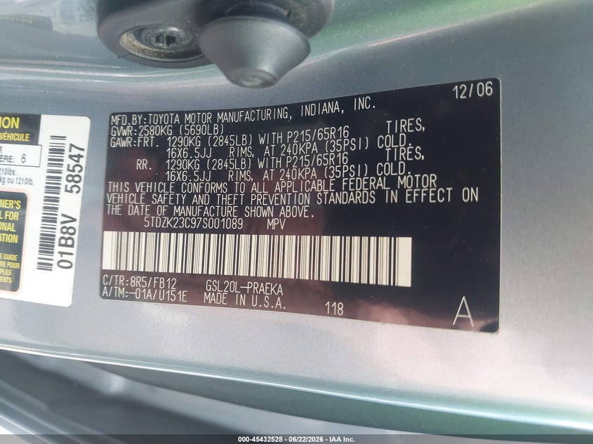 2007 Toyota Sienna VIN 5TDZK23C97S001089 IAAI salvage auction — REAR END, Salvage (North Carolina), sold $450 on 2026-07-22 (photo 9)