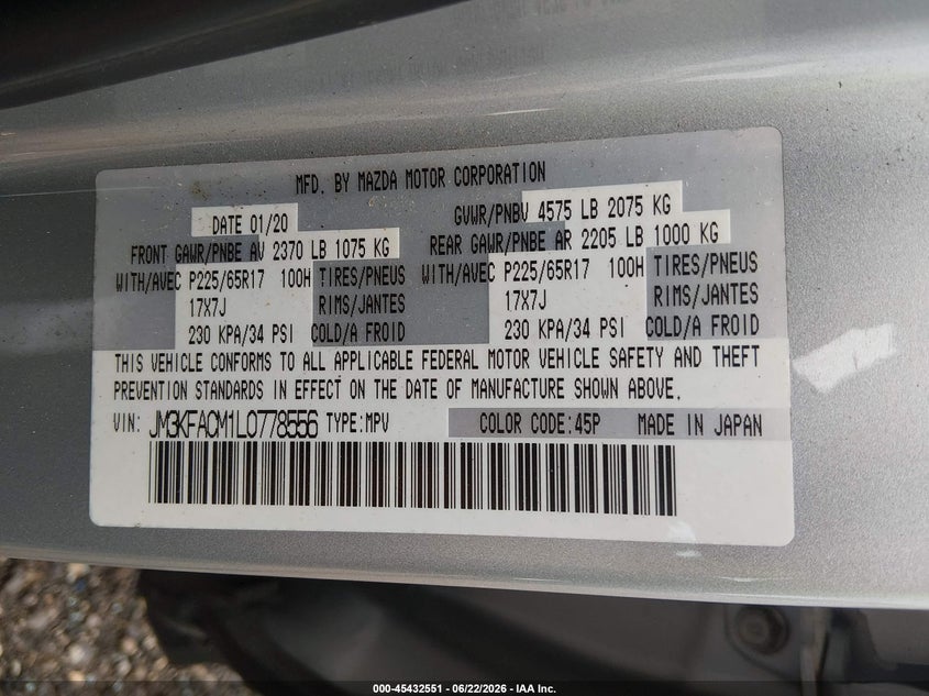2020 Mazda Cx-5 VIN JM3KFACM1L0778556 IAAI salvage auction — RIGHT FRONT, Salvage (Ohio), sold $6,050 on 2026-07-15 (photo 9)