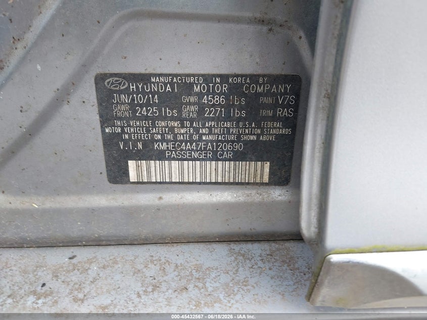2015 Hyundai Sonata VIN KMHEC4A47FA120690 IAAI salvage auction — UNKNOWN, Permit To Sell (Louisiana), sold $575 on 2026-07-08 (photo 9)