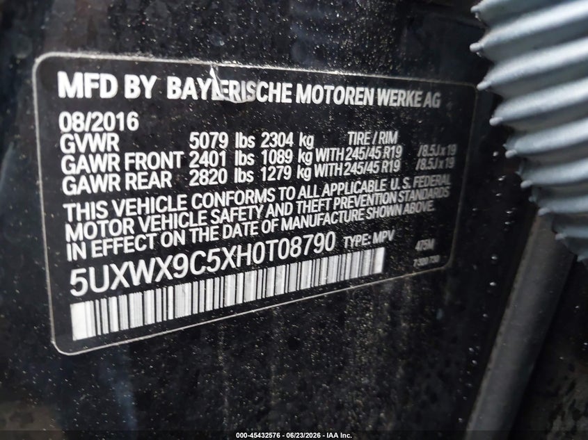 2017 BMW X3 VIN 5UXWX9C5XH0T08790 IAAI salvage auction — FRONT END, Salvage (Massachusetts), sold $3,900 on 2026-07-10 (photo 9)