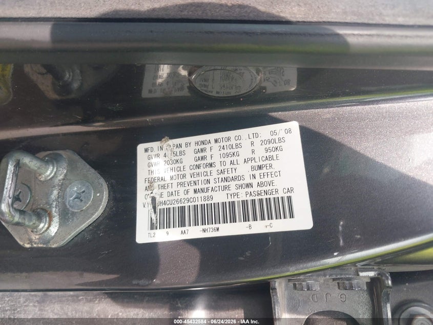 2009 Acura Tsx VIN JH4CU26629C011889 IAAI salvage auction — LEFT REAR, Original (Texas), sold $550 on 2026-07-23 (photo 9)