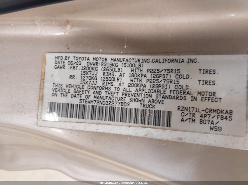 2003 Toyota Tacoma VIN 5TEWM72N03Z277803 IAAI salvage auction — FRAME DAMAGE, Clear (North Carolina), sold $3,550 on 2026-07-16 (photo 9)