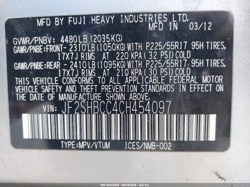 2012 Subaru Forester VIN JF2SHBCC4CH454097 IAAI salvage auction — NORMAL WEAR, Original (Ohio), sold $350 on 2026-07-29 (photo 9)