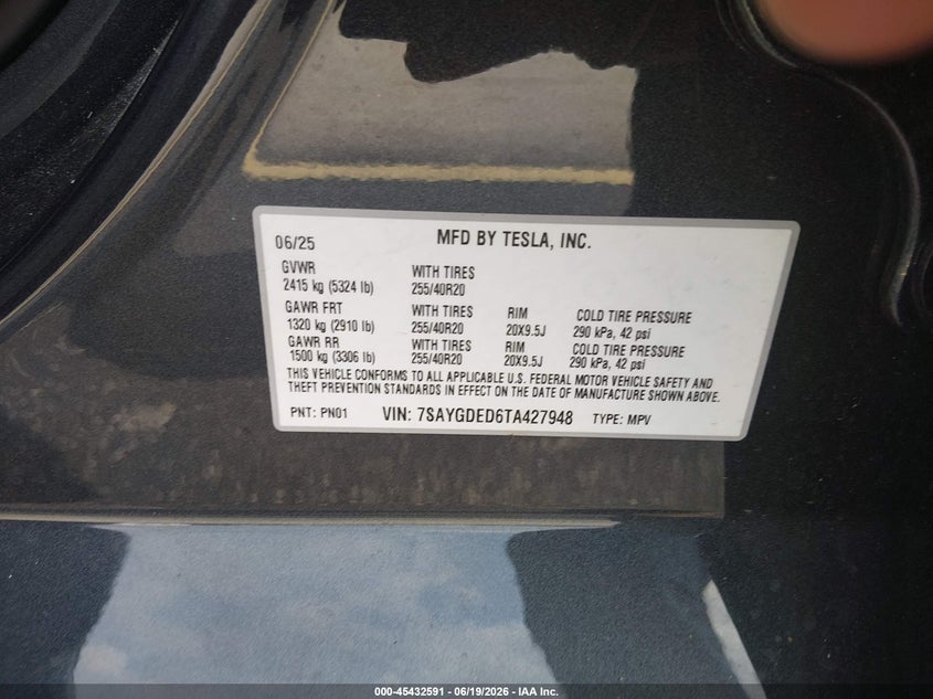 2026 Tesla Model y VIN 7SAYGDED6TA427948 IAAI salvage auction — LEFT REAR, Salvage Title, sold $16,200 on 2026-08-02 (photo 9)