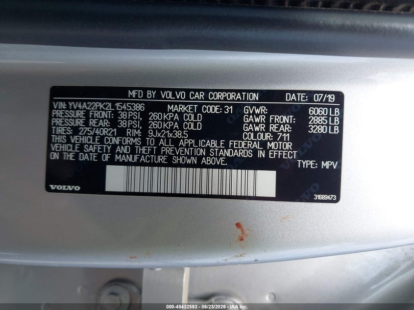 2020 Volvo Xc90 VIN YV4A22PK2L1545386 IAAI salvage auction — LEFT SIDE, Salvage Title, sold $3,150 on 2026-07-29 (photo 9)